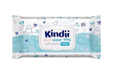 Kindii Lingettes Humides pour Bébés Pure Water 99% - (60 Pièces) Lingettes Humides - 99% eau, allantoïne, non parfumée, testée dermatologiquement, pour peaux sensibles - 60 Pièces