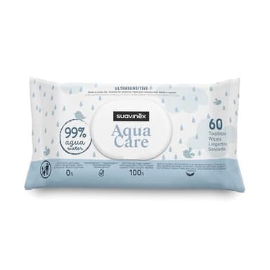 Suavinex, Lingettes Bébé Aqua Care, 60 Unités, Lingettes 99% Eau, Fibres Origine Végétale, Hydratent et Protègent, Sans Parfum ni Alcool, Testées Dermatologiquement, Convient Peaux Sensibles