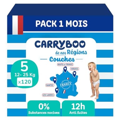 CARRYBOO - Couches Taille 5 (12-25kg) - Saines et Ultra Absorbantes - 12h Anti Fuites - Sans substances indésirables - Fabriquées en France - Prix Accessible- 120 Couches Jetables - Pack 1 Mois