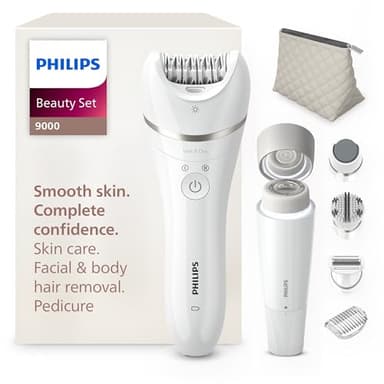 Philips Beauty Set série 9000 – ensemble tout-en-un pour le corps, le visage et les pieds, épilateur électrique sans fil, utilisation sur peau sèche ou mouillée, 6 accessoires, modèle BRE770/92
