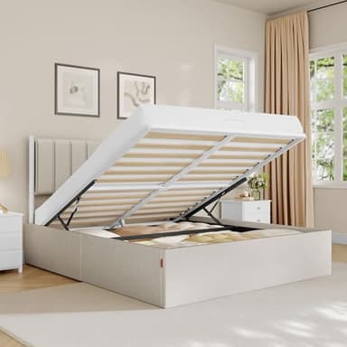 VASAGLE Lit Coffre 160 x 200 cm, Cadre de Lit, 2 Personnes, Sommier Relevable, avec Rangement, Système Hydraulique, Moderne et Minimaliste, Montage Facile, Beige Cappuccino RMB615LH01