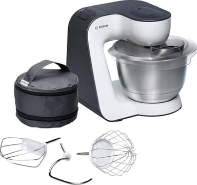Bosch, robot pâtissier, moteur 900 watts, mélange homogène 3D, 7 vitesses, accessoires pâtisserie, compact, blanc/gris, MUM54A00