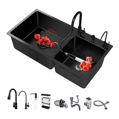 Double Noir Évier de Cuisine 2 Bacs Inox un Distributeur de Distributeur de savon Avec robinet extractible et robinet purificateur d'eau, accessoires pour évier de cuisine (Noir, 82 * 45CM)
