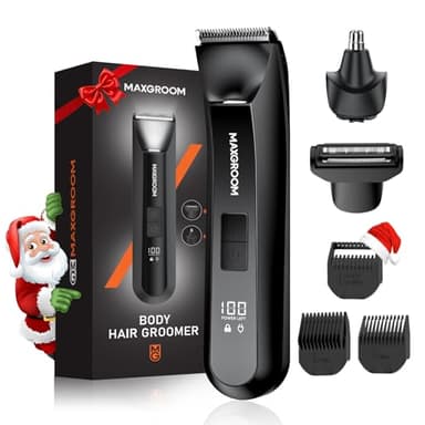 MAXGROOM Tondeuse Corps, Tondeuse Corps Intime Homme,3 En 1 Tondeuse pour Barbe,Cheveux et Corps,Polis du Nez,Rasoir Homme Multifonctionnel IPX7 Étanche,120mins Autonomie