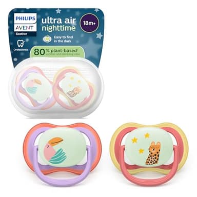 Philips Avent Sucettes de nuit ultra air - Tétines orthodontiques, pour bébés de 18 mois et plus, phosphorescentes, en silicone ultra-ferme d'origine végétale, sans BPA, lot de 2, SCF376/33