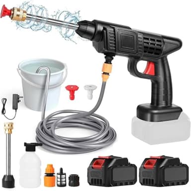 Nettoyeur Haute Pression sans Fil 30Bar, Nettoyeur Haute Pression sur Batterie 6000mAh, avec Chargeur et Tuyau de 5M, 435 PSI Pistolet à Eau Haute Pression pour Jardin et Voiture (2× Batteries)