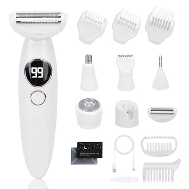 TAVADA Rasoir Electrique Femme,5 en 1 Tondeuse Femme Intime,Tondeuse Maillot Femme avec Écran LED & USB-RechargeStation,pour Le Corps,Les Aisselles,Le Bikini,Les Sourcils et Le Nez-Blanc,Electric