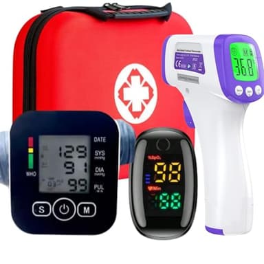 Kit Santé à Domicile : Oxymètre de Pouls, Tensiomètre bras et Thermomètre frontal sans contact– Contrôle facile de Tension artérielle, saturation en Oxygène, température + trousse de rangement