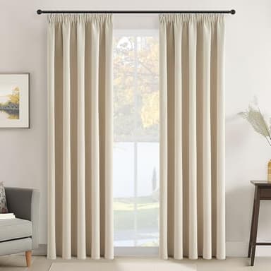 Topfinel Rideau Beige Occultant Grande Largeur 140x260 cm Rideau Thermique Isolant avec Ruflette Rideau Salon Phonique Anti Bruit Galon Fronceur Décoratif Dressing Chambre Adult Cuisine 2pcs