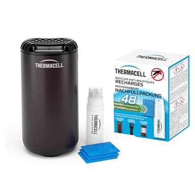 THERMACELL Diffuseur + Recharge Anti Moustiques et Moustiques Tigres - Protection Efficace 20 m² - Inodore - Durée 60h - 5 Cartouches Gaz + 15 Plaquettes - Noir