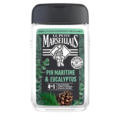 Le Petit Marseillais | Gel Douche Homme Pin Maritime & Eucalyptus (flacon de 250 ml) – Formule 4 en 1 corps, cheveux, visage & barbe – 92 % d'ingrédients d'origine naturelle et pH neutre