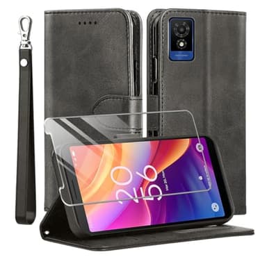 MQERYBV Coque pour TCL 501 4G,avec Verre trempé Protection écran,Antichoc TPU Housse en Cuir PU Portefeuille Etui [Béquille] [Fentes pour Cartes],Flip Case pour TCL 501 4G- Noir