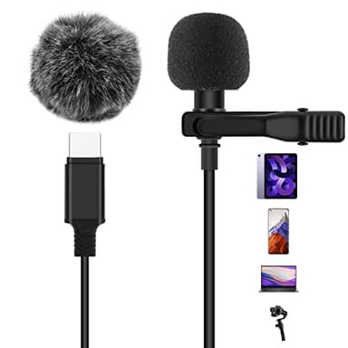 AGPTEK Micro Cravate de Type C, 2M Microphone USB C Téléphone avec Clip et Fourrure Pare-Brise, Mini Micro Cravate Interview Condensateur Omnidirectionnel pour iPhone 15 Samsung S24, Android MacBook