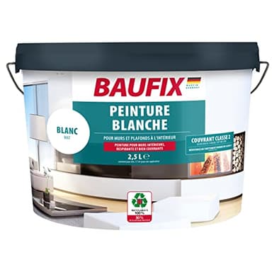 Baufix Peinture murale blanc mat - 2,5 l - Avec un fort pouvoir couvrant classe 2 - Pour murs et plafonds