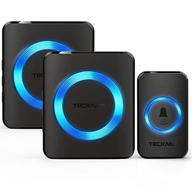 TECKNET Sonnette sans Fil, IP65 Exterieur Étanche Carillon 400 Mètres Two Récepteur Sonnette Electronique, 60 Mélodies 5-Niveaux LED Bleu, pour Maison, Hôtel, Urgence