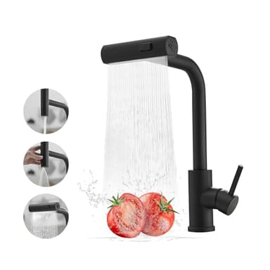 Robinet de Cuisine Noir avec Pulvérisateur Extractible, Robinet de Cuisine Cascade en Acier Inoxydable, Robinet d'évier de Cuisine à Poignée Unique avec Pulvérisateur Extractible Pour 3 Fonctions