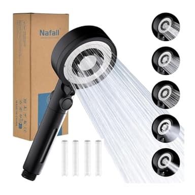 Nafall Pommeau Douche avec 4 Pp Filtres - Pommeau De Douche Haute Pression Anti Calcaire, Douchette Douche Salle de Bain avec 5 Modes de PulvéRisation, Noir (Sans Tuyau ni Support)