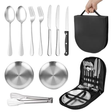 Couvert Camping Accessoires 1-2 Personnes, 10 Pièces Vaisselle Camping INOX avec Cuillère Fourchette Couteau Assiette, Vaisselle Pique Nique pour la Randonnée l'escalade Barbecues Le Plein Air