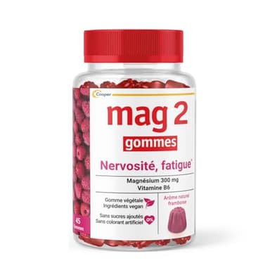 MAG 2 - Gommes framboise - Magnésium et vitamine B6 - Anti-nervosité et anti-fatigue - Sans sucres ajoutés - Complément alimentaire - 45 gommes - Elu produit de l'année 2023