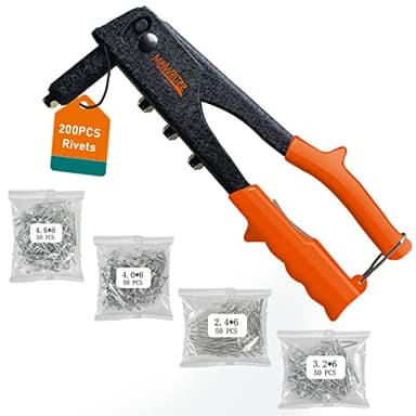 Meiwaltee Pince à rivets avec 200pcs rivets, Professionnelle Robuste 4 en 1 Riveteuse Manuelle - 4 Tailles : 2.4 MM - 3.2 MM - 4.0 MM - 4.8 MM,Outil de rivetage pour Automobile, Meubles, Instruments