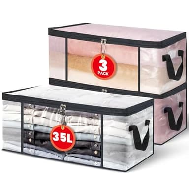 NEWSONA Lot de 3 Sacs de Rangement Vetement Transparente 35L – Boîte de Rangement Sous Lit/Armoire,Housse Rangement Couette Organisateur de Placard, Pliable avec Fermeture Éclair et Poignées