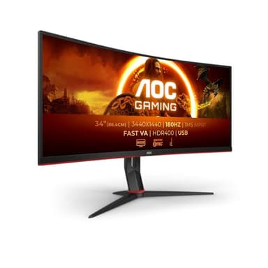 AOC Gaming CU34G2XPD - 34 Zoll WQHD Curved Monitor, 180Hz, 1ms, FreeSync Premium (3440x1440, HDMI, DisplayPort, USB Hub) Schwarz/Rot