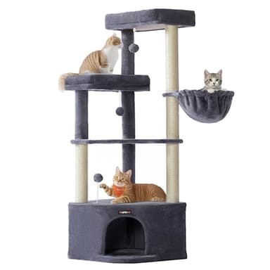 Feandrea Arbre à Chat, 48,5 x 48,5 x 140,7 cm, Tour de Jeux pour Chats, avec Niche, Grandes Plateformes, Balles en Peluche, Hamac, Gris Foncé PCT009G02