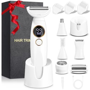 Rasoir Electrique Femme, 5 en 1 Tondeuse Femme Intime, Rasoir Femme Electrique avec Station de USB Rechargeable, Tondeuse Maillot Femme, pour Le Corps, Les Aisselles, Le Bikini, Les Sourcils et Le Nez