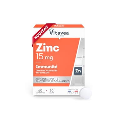 Vitavea - Zinc - Haut dosage 15 mg - Complément alimentaire immunité - Système immunitaire, défenses naturelles et antioxydant - Zinc biodisponible - 60 comprimés - Cure 1 mois - Fabriqué en France