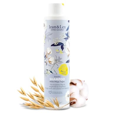 Jean & Len Shampooing Sensitif Lait d'Avoine & Coton, nettoie en douceur et protège contre la casse, pour cheveux secs et cuirs chevelus sensibles, sans parabènes ni silicones, végétalien, 300 ml