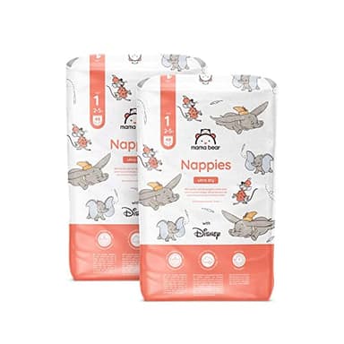 Marque Amazon - Mama Bear Disney Couches bébé Ultra Absorbantes, Taille 1 (2-5 kg), Blanc, 96 Pièces (2 lot de 48) - PACK MENSUEL