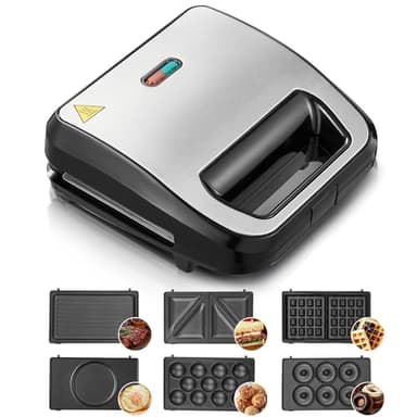Gaufrier 6 en 1, Appareil Croque Monsieur, 750W Multifonctions Machine Électrique, 6 Plaques Antiadhésives et Détachables, Cuisson Double Face,Thermostat Automatique