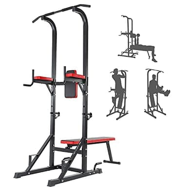 ISE Chaise Romaine Multifonction Barre de Traction Station avec Banc de Musculation pour Dips, Pompes, Développé-Couchés, Station Musculation, Chaises Romaine Complet Rouge/Noir 107x66x224CM