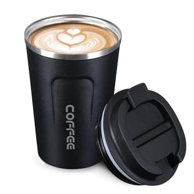Mug Isotherme - Tasse Isotherme - Mug Isotherme Café - Thermos Café - Mugs avec Couvercle - Idéaux pour une Utilisation en Déplacement - Écologiques - Noirs - avec une Capacité de 380 ml