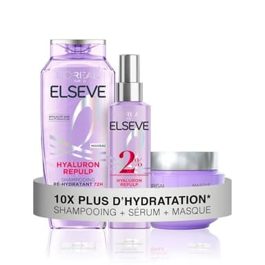 L'Oréal Paris - Routine Soin Hydratation Intense - Cheveux Déshydratés - Hydratation 72H - À l'Acide Hyaluronique - 3 Produits - Shampooing, Sérum & Masque - Elseve Hyaluron Repulp