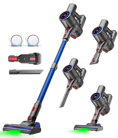 Verslife Z8 Aspirateur Balai Sans Fil, 40Kpa/45Min/500W/6 En 1 Aspirateur Balai Léger avec LED Verte, Filtration En 6 Étapes, Écran LED, Autoportant pour Poils D'animaux, sols Durs et Moquettes (Gris)