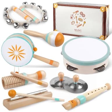 TOBBOMEY Kit De Batterie Jouet Simulée Pour Tout-Petits – 7 Pièces, Baguettes Bois, Effets Sonores Variés – Développe Le Rythme Et La Coordination – Cadeau Musical Dès 2 Ans