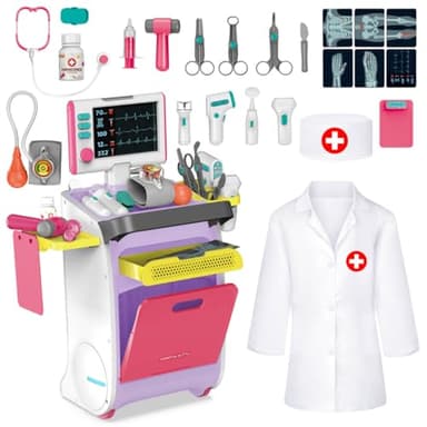deAO Malette Docteur Enfant avec Lumière et Son, Chariot Médical Enfant avec Stéthoscope et Blouse De Médecin, Doctors Kids Medical Centre, Jeu de Rôle 3 Ans(Rose)