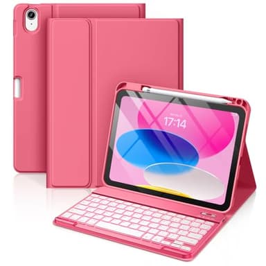Vobafe Coque Clavier pour iPad A16 11/10 Ème Generation (11 Pouces 2025/10.9 Pouces 2022), Étui Keyboard 7 Couleurs Rétroéclairées avec Porte Crayon, AZERTY Layout pour iPad 10eme/11eme, Rose
