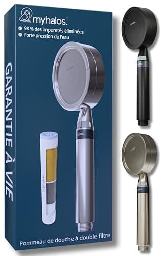 MyHalos® Pommeau de Douche Anti Calcaire Filtrant - Pommeau de Douche Haute Pression (sans Tuyau) - Pomme Douchette Douche Salle de Bain - Economie Deau, Installation Facile (Chrome)
