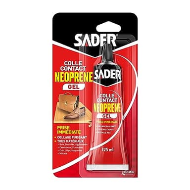 Sader Colle Contact Néoprène Gel – Colle Extra Forte Tous Matériaux – Prise Immédiate – Idéale pour Supports Poreux ou Verticaux – Transparente – Tube 125 ml, Ambré
