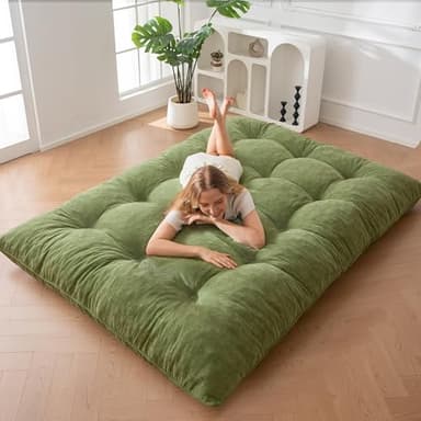 MAXYOYO Matelas Futon 2 Places Épais 15CM Garnissage en Mousse Déchiquetée, Tissu Chenille avec Boutonné Design, Enroulable Matelas de Sol/Futon Pliable Pratique (Cadre Non Inclus)