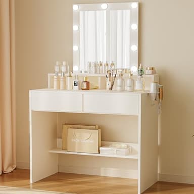 JUMMICO Coiffeuse avec éclairage LED et Miroir, luminosité et température de Couleur réglables, Table cosmétique avec 9 Ampoules LED, Blanc