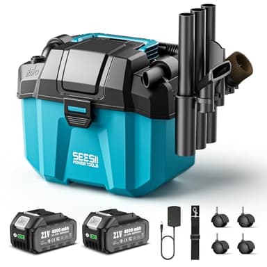 Seesii Aspirateur Eau et Poussière Batterie 8000 mAh (2x4000 mAh), Aspirateur Poussiere et Eau 10 L, avec Sangles, 4 Roues et Accessoires, Idéal pour Atelier, Chantier ou Voiture