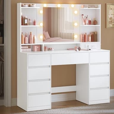 VASAGLE Kailyn Collection - Coiffeuse avec Miroir LED, Multiprise, 9 Tiroirs, 9 Ampoules, Rangement Bijoux, Éclairage 3 Couleurs, Installation des Rails sans Outils, Blanc Nuage RDT141WB02