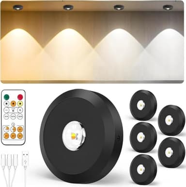 JVURICE Spot Sans Fil Puck Light Petits Spots Lumineux Lampe Lumic Reglette Led Sans Fil 180H 3000k/4500k/6000k Dimmable Rechargeable Minuterie Telecommande Rond Lumiere Pour Cuisine,Armoire,Vitrine