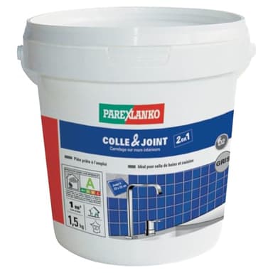 Parexlanko - Colle carrelage et joint en pâte - Colle & Joint 2 en 1 - Gris - Pour mur intérieur - Spécial pièces humides - Prête à l’emploi - 1,5kg