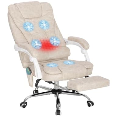 Vinsetto Fauteuil de Bureau massant et Chauffant, Chaise de Bureau Ergonomique Hauteur réglable, Dossier inclinable, Repose-Pieds, télécommande Filaire, pivotant 360°, Tissu en Microfibre, crème