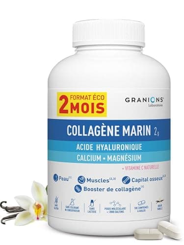 GRANIONS Collagene Marin 2 MOIS- Collagene et Acide Hyaluronique Hydrolysé, Vitamine C, Magnesium & Calcium - Anti Age, Booster de Collagene - 180 Comprimés à Avaler - Collagene Marin Goût Vanille