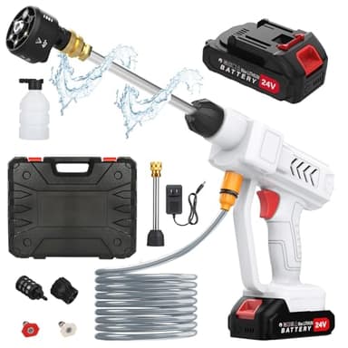 Nettoyeur Haute Pression avec Buse 6 en 1, 260 PSI Nettoyeur Haute Pression sans Fil avec 2 Batteries, avec Tuyau de 5M, Pot en Mousse, Adapté pour Nettoyer Les Voitures, Sols